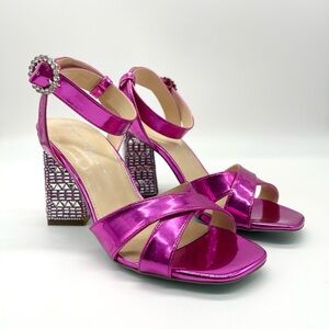 Betsey Johnson Women's Bell Heel Fuchsia Patent Silver Strappy Dressy Sandal 7.5